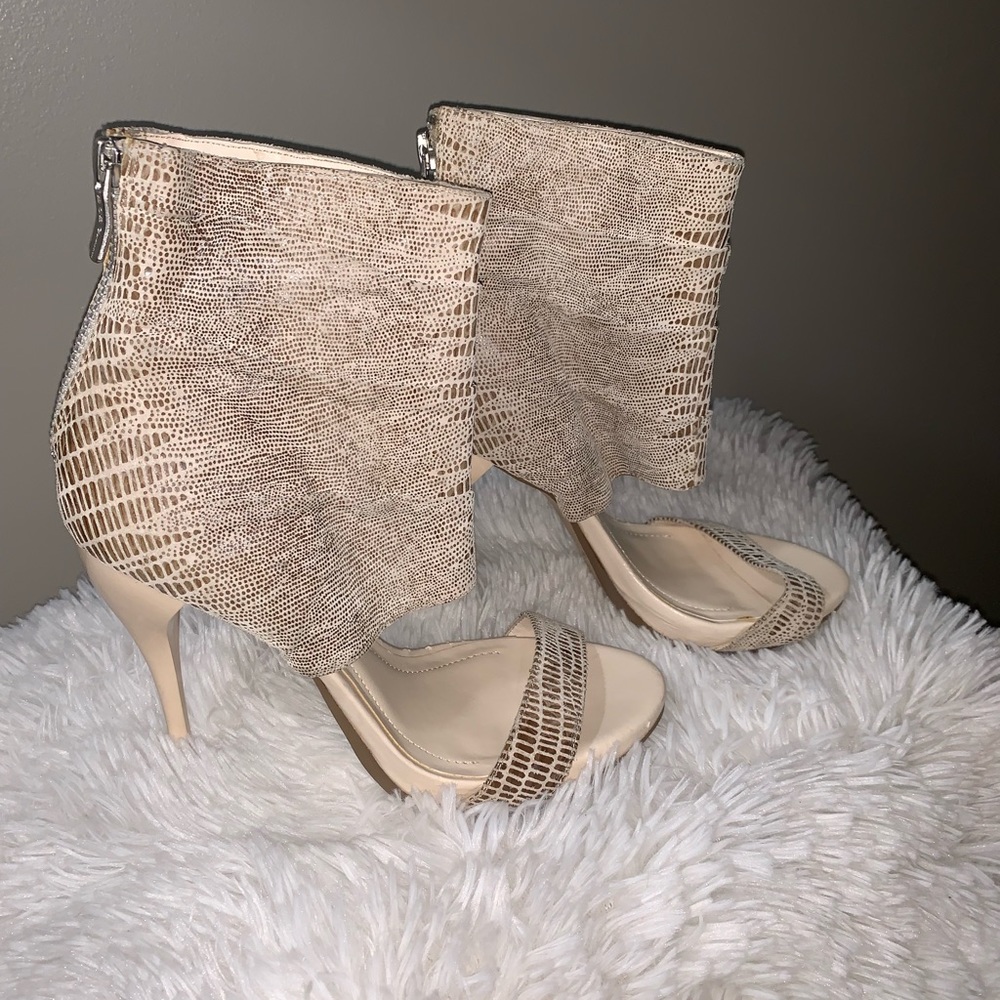 BCBGeneration Cream and Brown Caged Heels